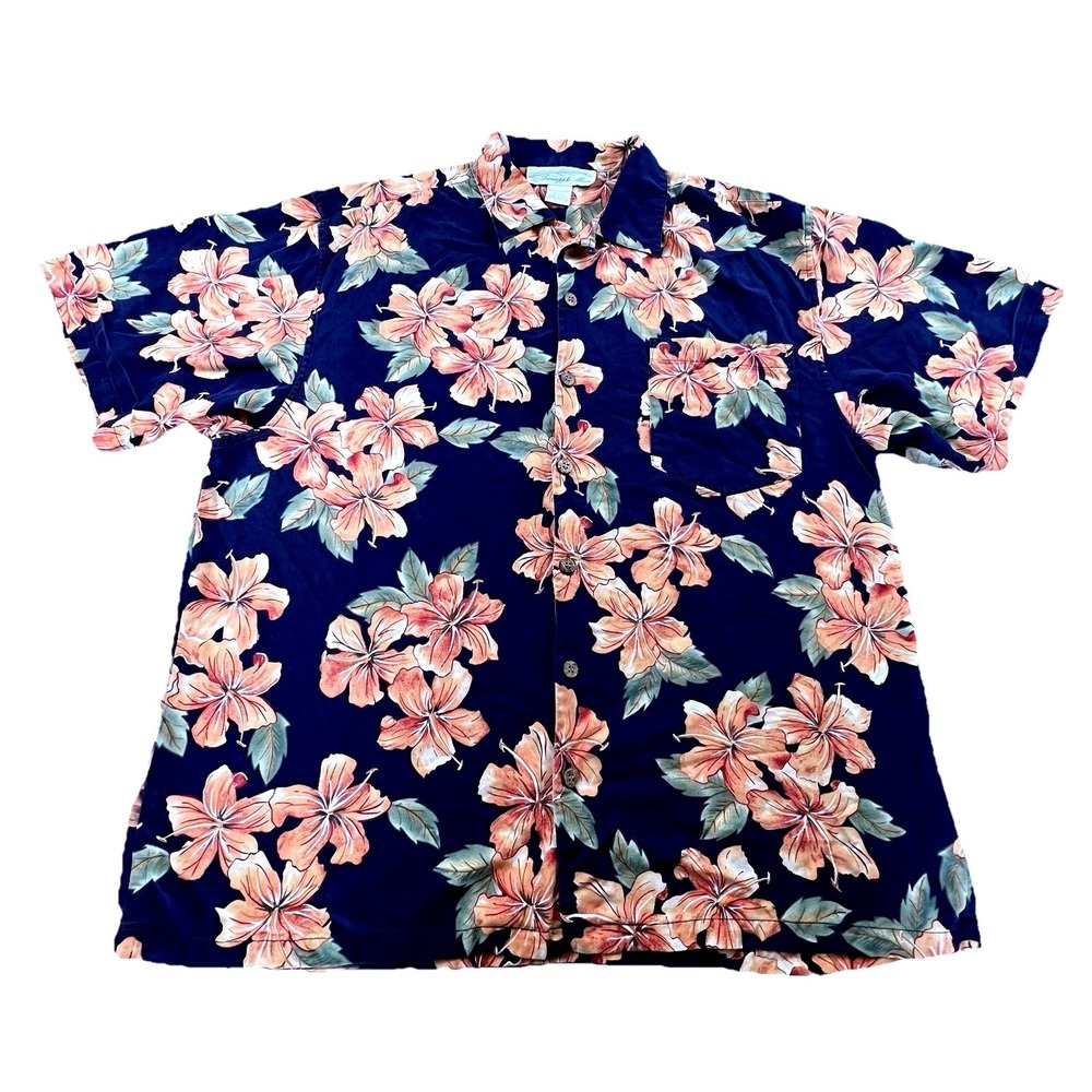 Pineapple‎ Moon 100% Silk Hawaiian Shirt L Navy Hibiscus Floral Camp